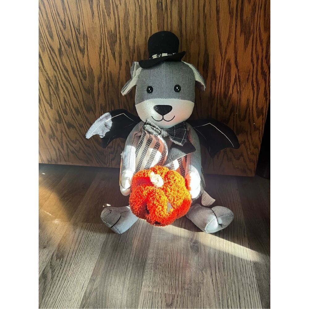 Candy Corn Lane Halloween Dog Bat Holding A Pumpkin NEW